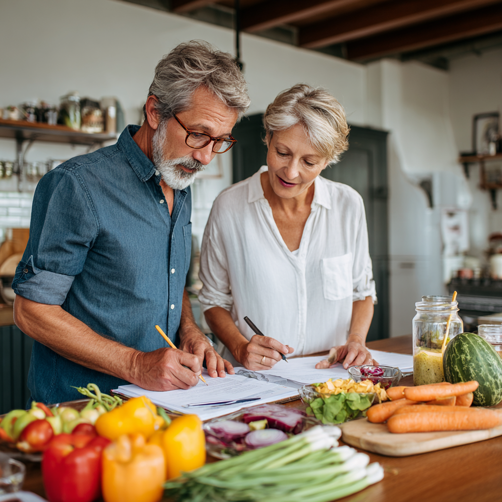 Mature woman and man planning healthy meals together at kitchen table