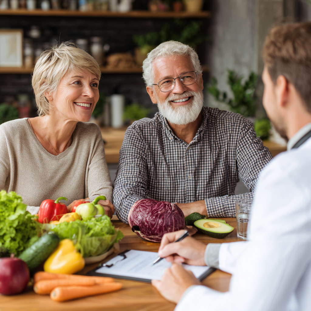Professional nutritionist consulting with middle-aged couple about healthy eating habits